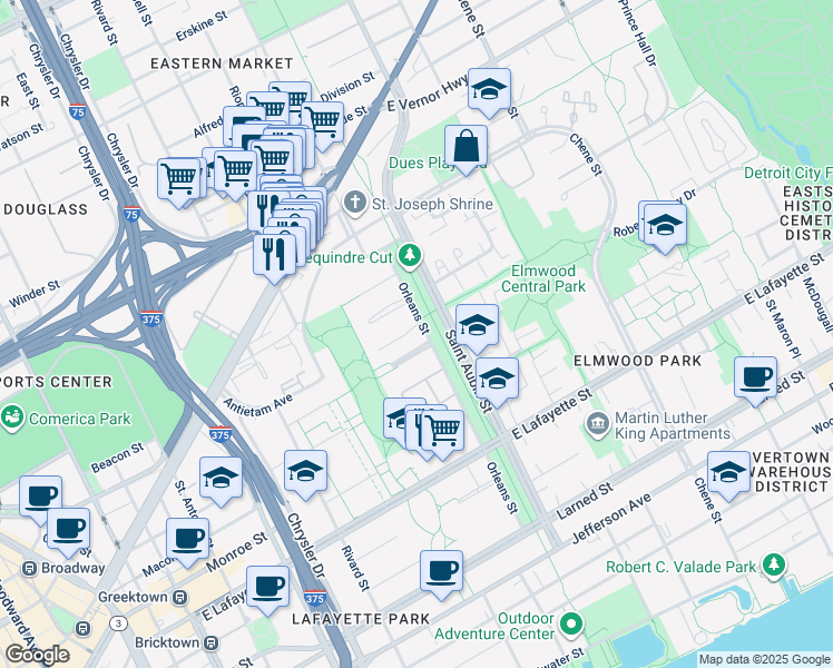 map of restaurants, bars, coffee shops, grocery stores, and more near 1555 Cherboneau Place in Detroit