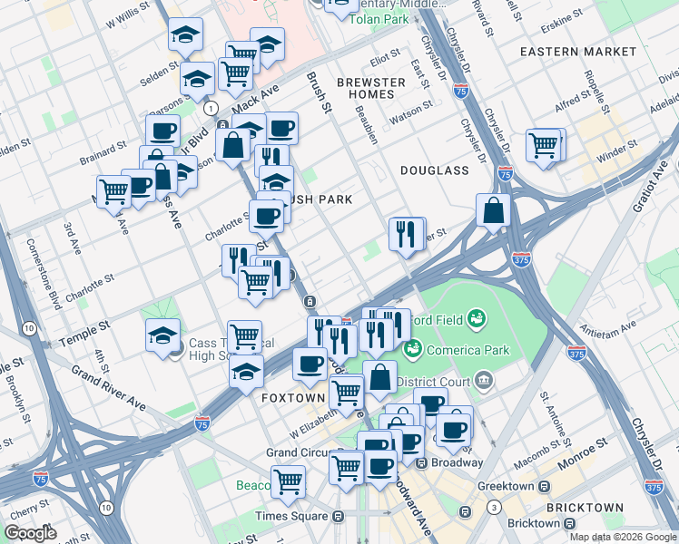 map of restaurants, bars, coffee shops, grocery stores, and more near 123 Winder Street in Detroit