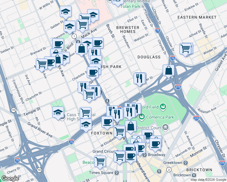 map of restaurants, bars, coffee shops, grocery stores, and more near 123 Winder Street in Detroit