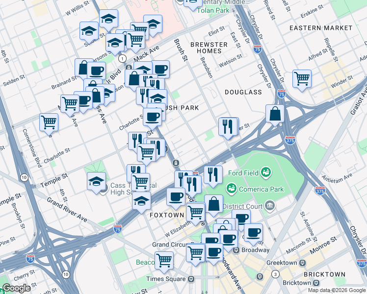 map of restaurants, bars, coffee shops, grocery stores, and more near 34 Adelaide Street in Detroit