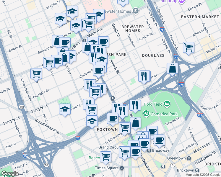 map of restaurants, bars, coffee shops, grocery stores, and more near 34 Adelaide Street in Detroit