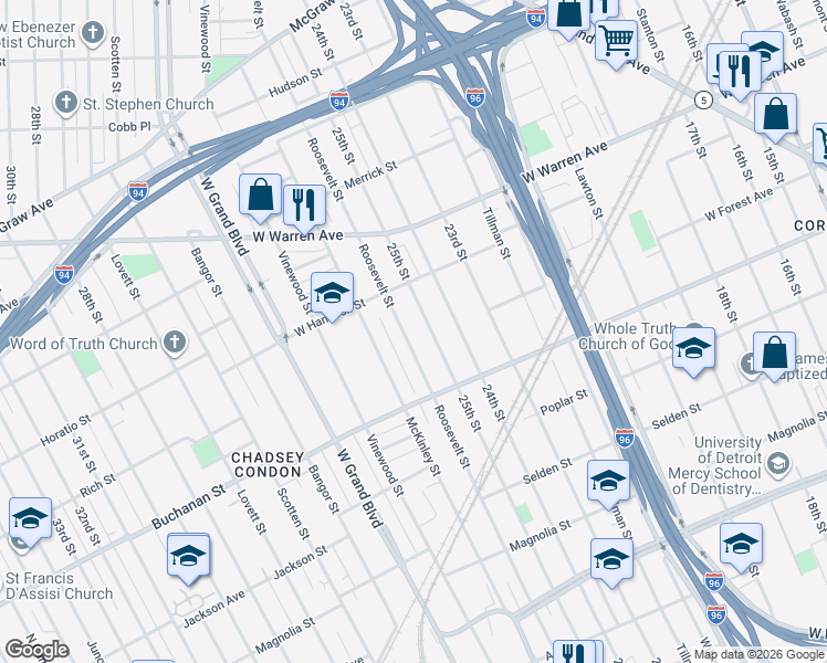 map of restaurants, bars, coffee shops, grocery stores, and more near 4521 25th Street in Detroit