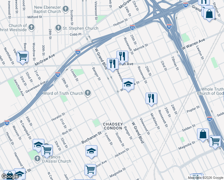 map of restaurants, bars, coffee shops, grocery stores, and more near 1428 West Grand Boulevard in Detroit