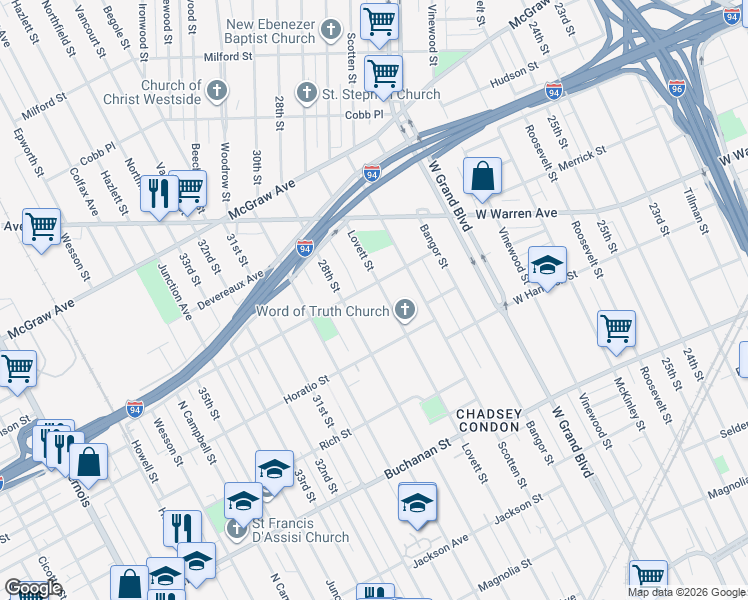 map of restaurants, bars, coffee shops, grocery stores, and more near 5000 28th Street in Detroit