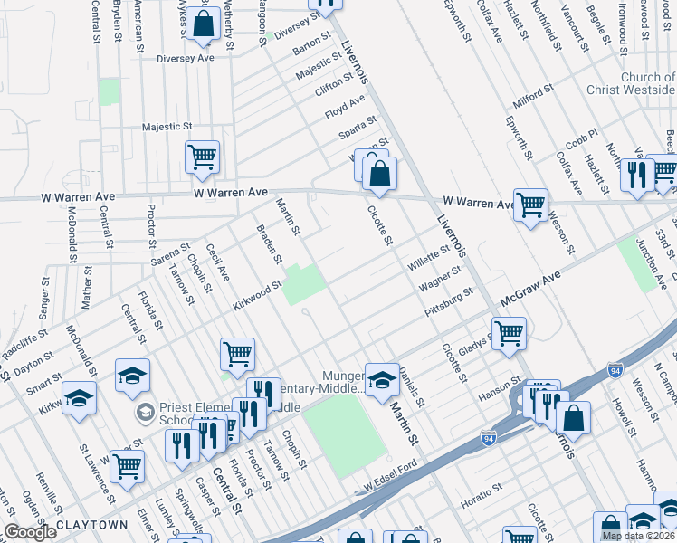 map of restaurants, bars, coffee shops, grocery stores, and more near 6643 Barlum Street in Detroit