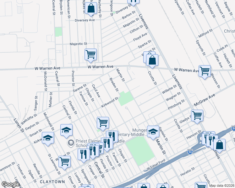 map of restaurants, bars, coffee shops, grocery stores, and more near 6023 Braden Street in Detroit