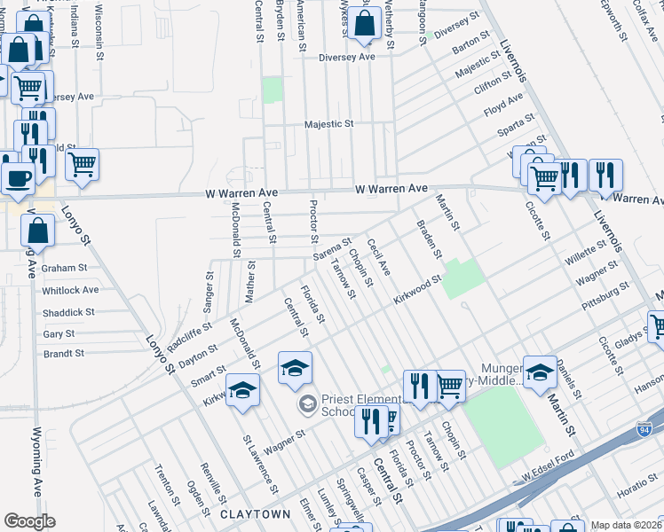map of restaurants, bars, coffee shops, grocery stores, and more near 6126 Tarnow Street in Detroit
