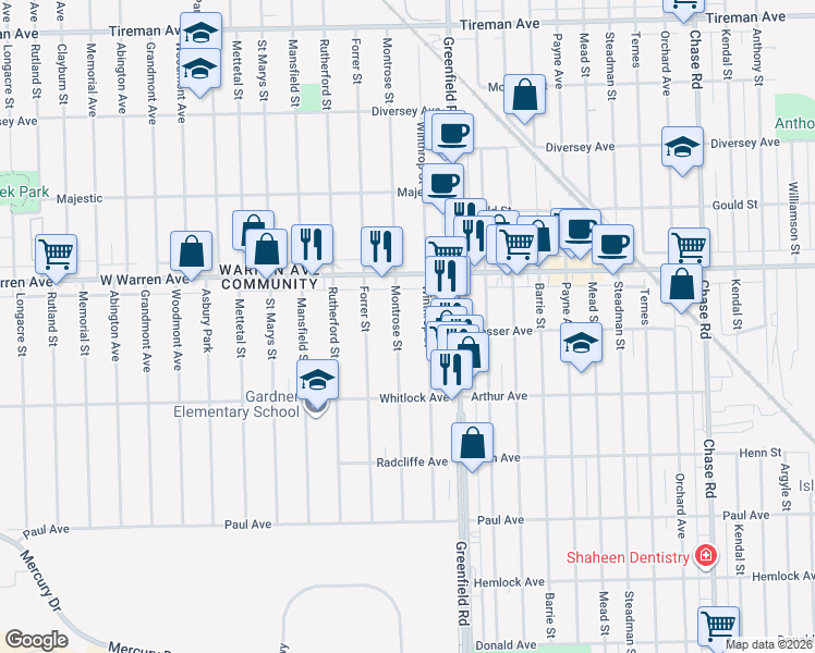 map of restaurants, bars, coffee shops, grocery stores, and more near 6839 Winthrop Street in Detroit