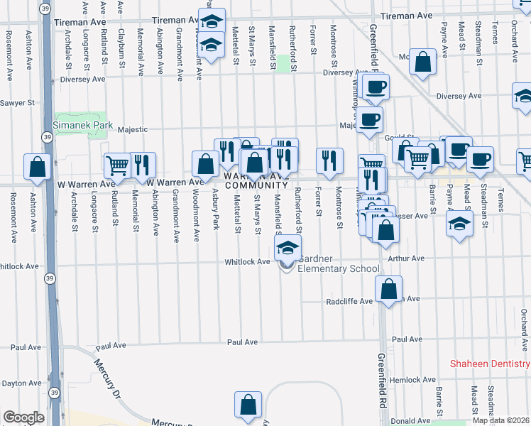 map of restaurants, bars, coffee shops, grocery stores, and more near 6842 Saint Marys Street in Detroit