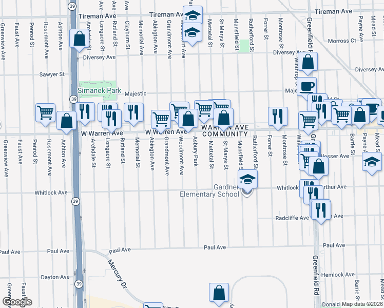 map of restaurants, bars, coffee shops, grocery stores, and more near 6843 Asbury Park in Detroit