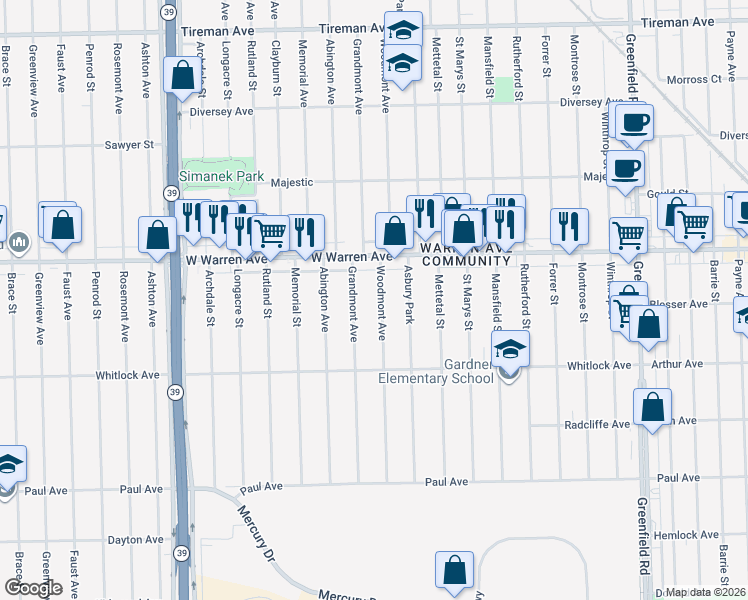 map of restaurants, bars, coffee shops, grocery stores, and more near 6856 Grandmont Avenue in Detroit