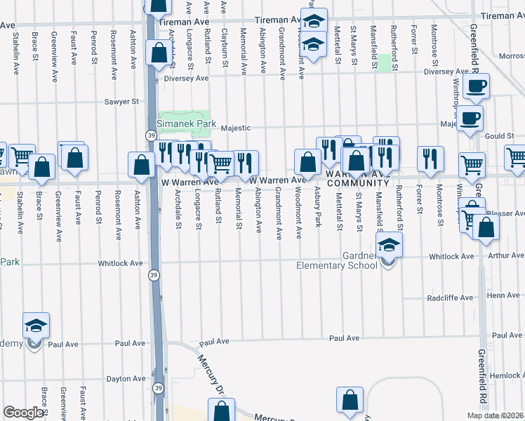 map of restaurants, bars, coffee shops, grocery stores, and more near 6850 Abington Avenue in Detroit