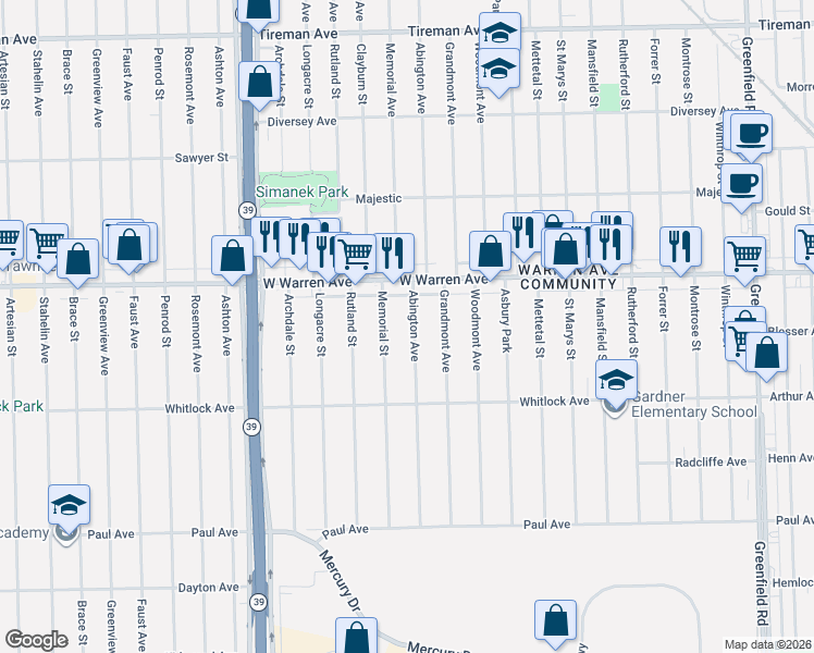 map of restaurants, bars, coffee shops, grocery stores, and more near 6850 Abington Avenue in Detroit