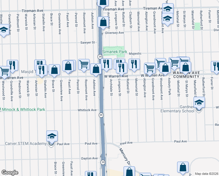 map of restaurants, bars, coffee shops, grocery stores, and more near 6870 Southfield Freeway in Detroit