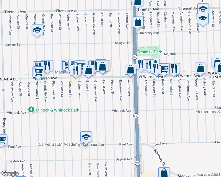 map of restaurants, bars, coffee shops, grocery stores, and more near 6863 Penrod Street in Detroit