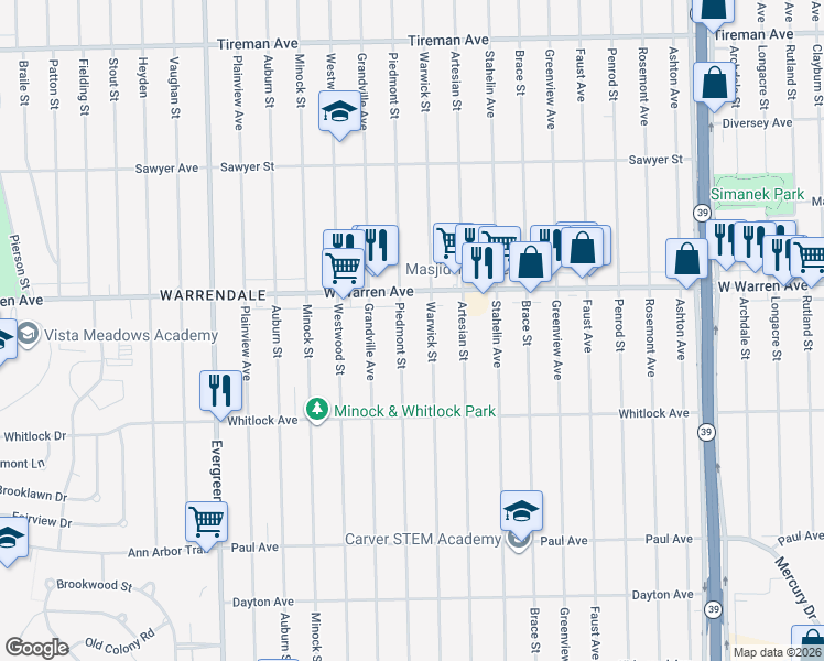 map of restaurants, bars, coffee shops, grocery stores, and more near 6864 Piedmont Street in Detroit