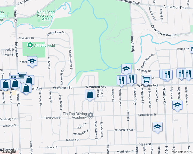 map of restaurants, bars, coffee shops, grocery stores, and more near 26355 Woodworth Circle in Dearborn Heights