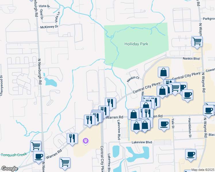 map of restaurants, bars, coffee shops, grocery stores, and more near 7362 Manor Circle in Westland