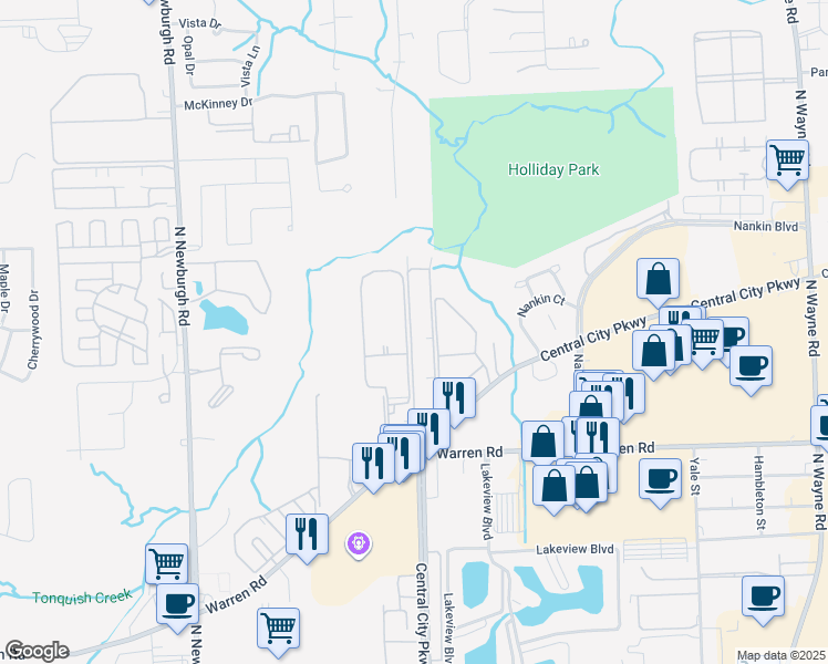 map of restaurants, bars, coffee shops, grocery stores, and more near 7362 Manor Circle in Westland