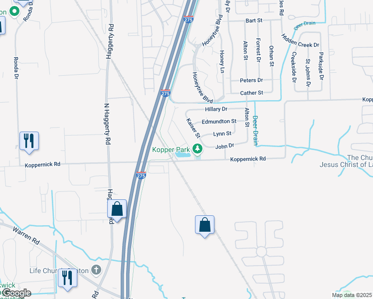map of restaurants, bars, coffee shops, grocery stores, and more near 7699 Shaw Lane in Canton