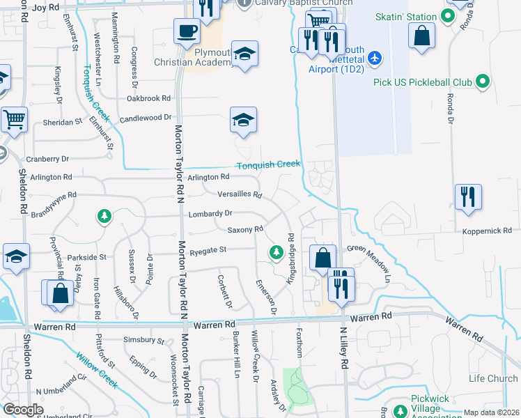 map of restaurants, bars, coffee shops, grocery stores, and more near 42842 Lombardy Drive in Canton
