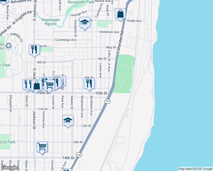map of restaurants, bars, coffee shops, grocery stores, and more near 932 South Martin Luther King Junior Avenue in Waukegan