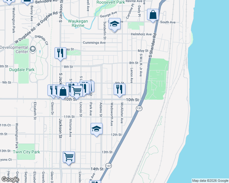 map of restaurants, bars, coffee shops, grocery stores, and more near 924 South McAlister Avenue in Waukegan
