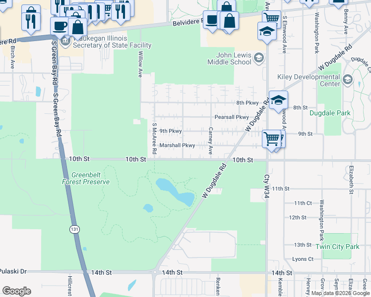 map of restaurants, bars, coffee shops, grocery stores, and more near 2309 Marshall Parkway in Waukegan