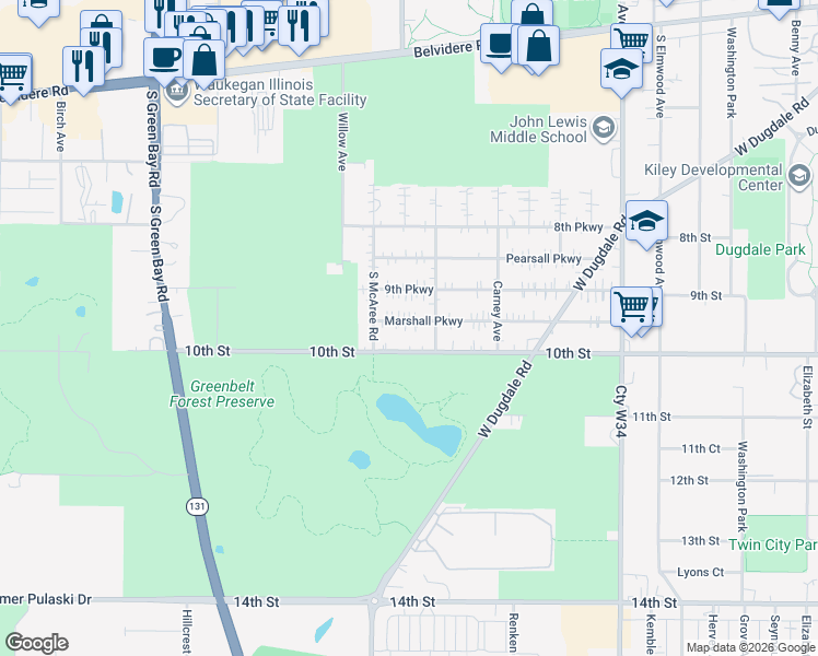map of restaurants, bars, coffee shops, grocery stores, and more near 2415 Marshall Parkway in Waukegan