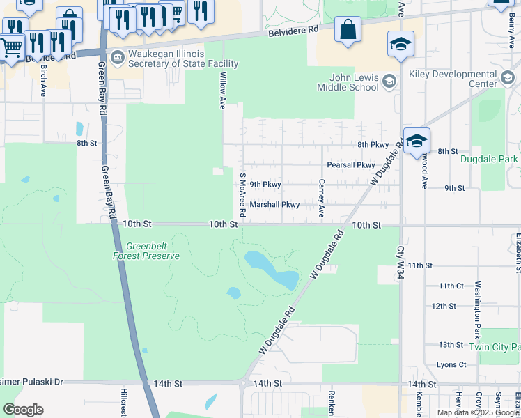 map of restaurants, bars, coffee shops, grocery stores, and more near 2415 Marshall Parkway in Waukegan