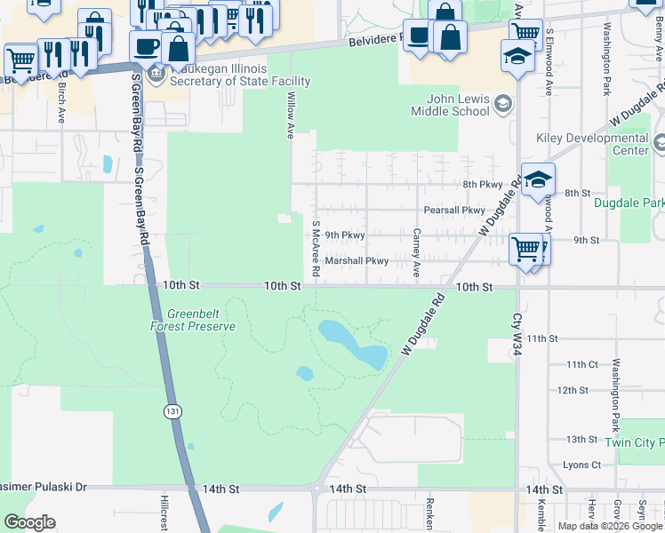 map of restaurants, bars, coffee shops, grocery stores, and more near 927 South McAree Road in Waukegan
