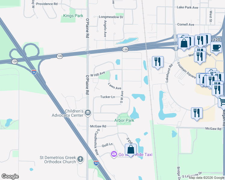 map of restaurants, bars, coffee shops, grocery stores, and more near 4439 West Lawn Avenue in Waukegan