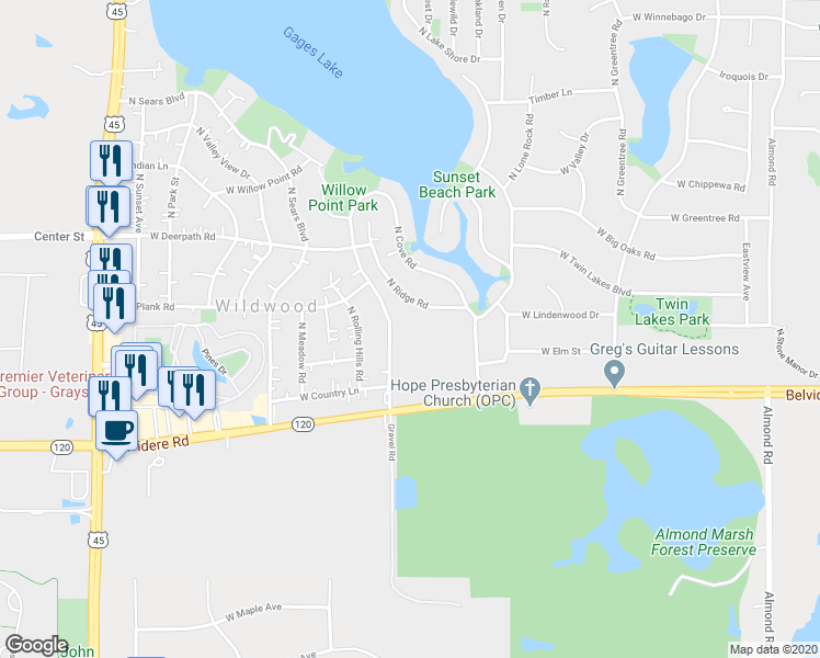 map of restaurants, bars, coffee shops, grocery stores, and more near 32985 North John Mogg Road in Grayslake
