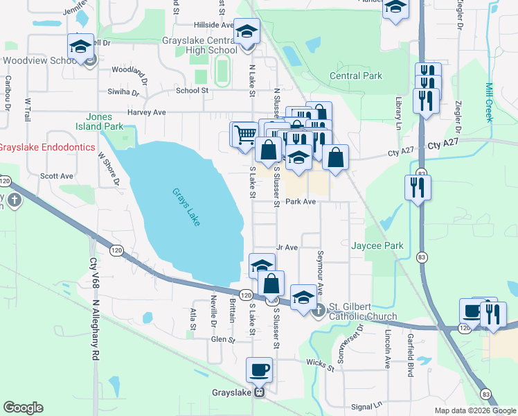 map of restaurants, bars, coffee shops, grocery stores, and more near 114 South Lake Street in Grayslake