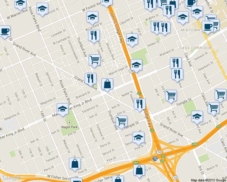map of restaurants, bars, coffee shops, grocery stores, and more near 3440 Lincoln Street in Detroit