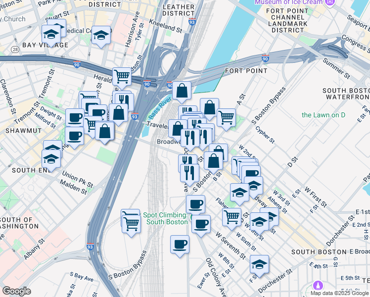 map of restaurants, bars, coffee shops, grocery stores, and more near in Boston
