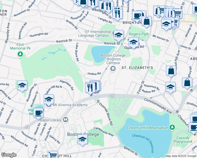map of restaurants, bars, coffee shops, grocery stores, and more near 40 Lake Street in Boston