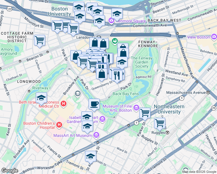 map of restaurants, bars, coffee shops, grocery stores, and more near 58 Queensberry Street in Boston