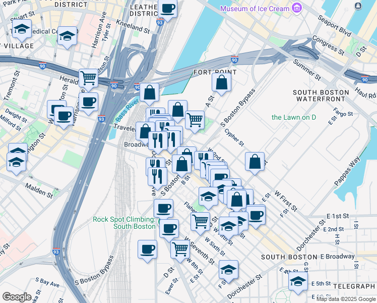 map of restaurants, bars, coffee shops, grocery stores, and more near 69 Athens Street in Boston