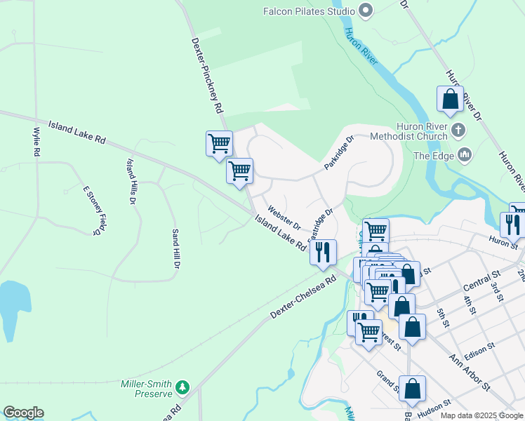 map of restaurants, bars, coffee shops, grocery stores, and more near 8251 Webster Drive in Dexter