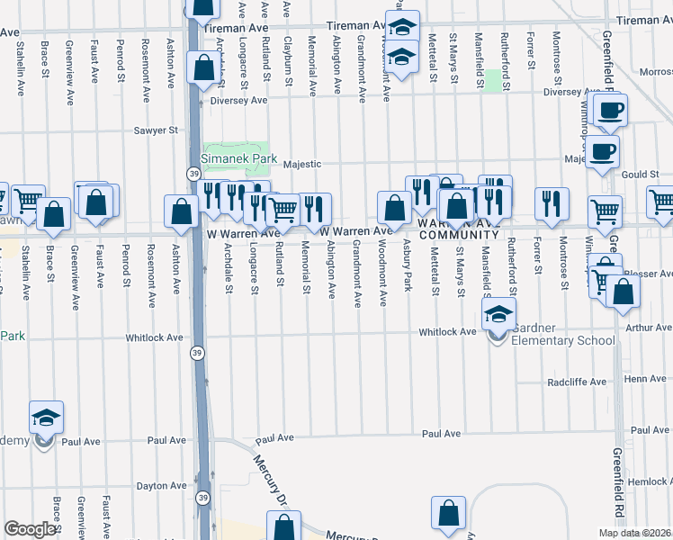 map of restaurants, bars, coffee shops, grocery stores, and more near 6850 Abington Avenue in Detroit
