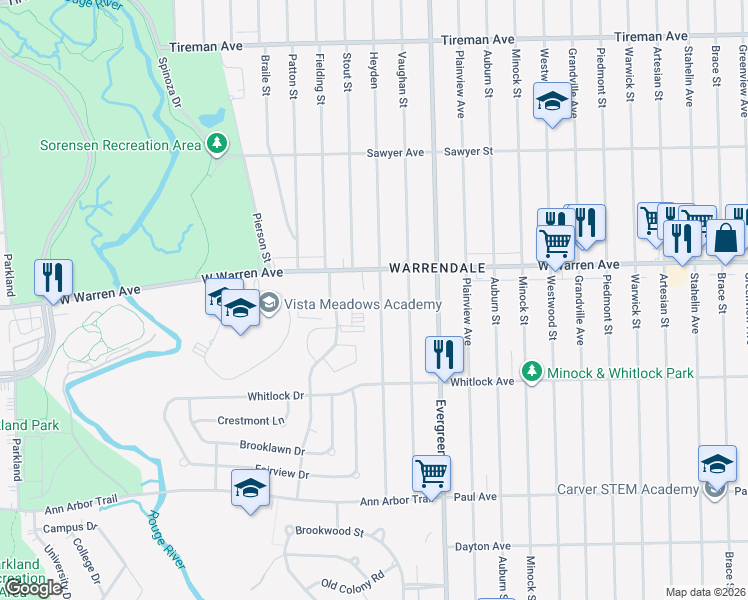 map of restaurants, bars, coffee shops, grocery stores, and more near 6885 Heyden in Dearborn Heights