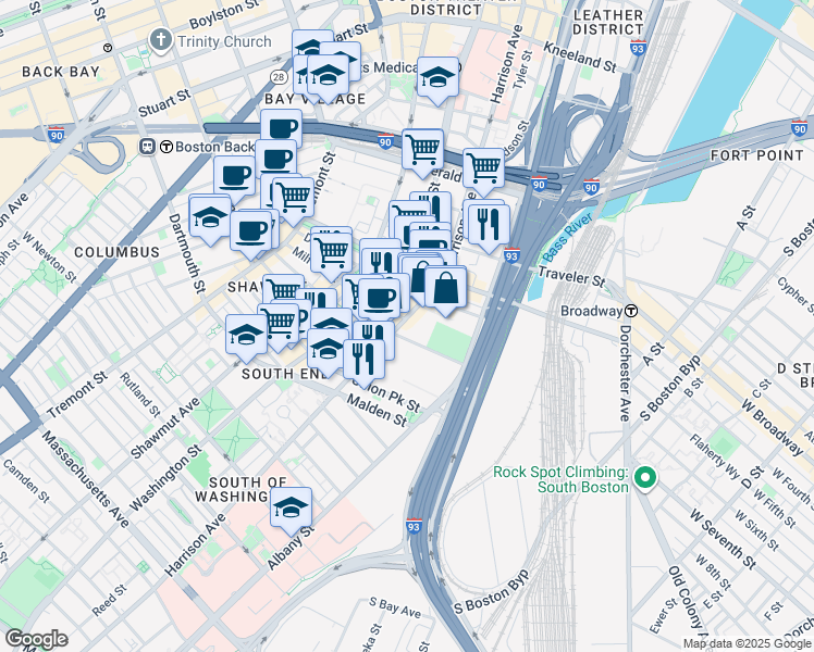 map of restaurants, bars, coffee shops, grocery stores, and more near 490 Harrison Avenue in Boston
