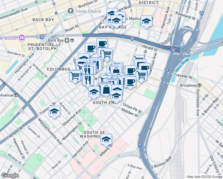 map of restaurants, bars, coffee shops, grocery stores, and more near in Boston