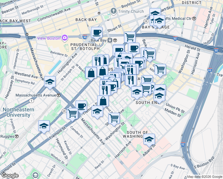 map of restaurants, bars, coffee shops, grocery stores, and more near 83 Pembroke Street in Boston