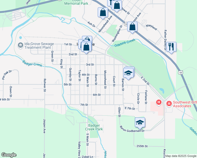 map of restaurants, bars, coffee shops, grocery stores, and more near 408 Moorehead Street in Ida Grove