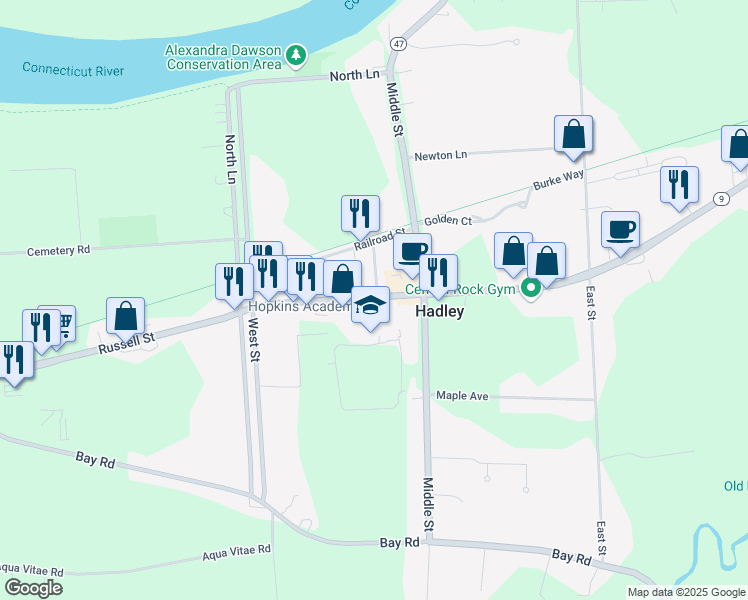 map of restaurants, bars, coffee shops, grocery stores, and more near 131 Russell Street in Hadley
