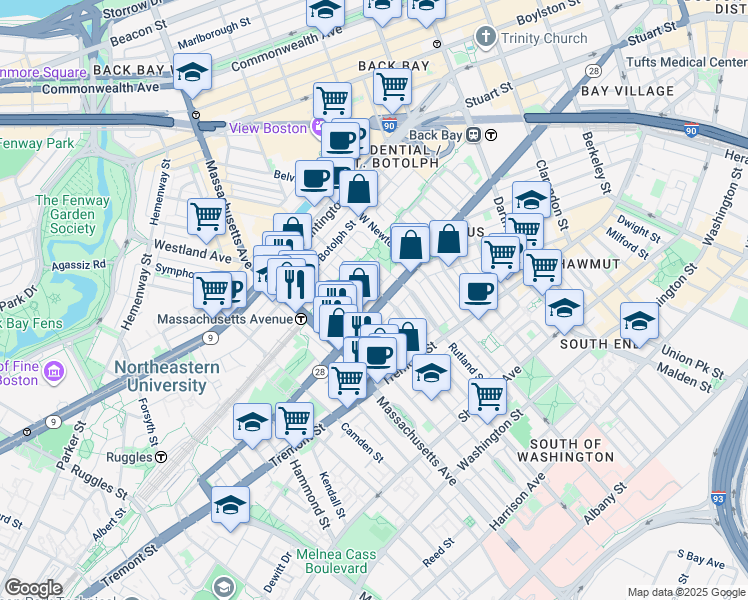 map of restaurants, bars, coffee shops, grocery stores, and more near 523 Columbus Avenue in Boston