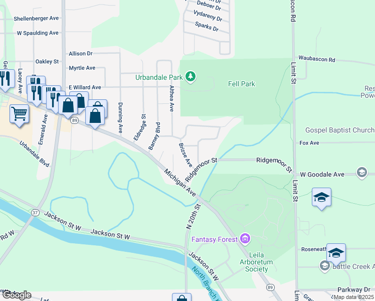 map of restaurants, bars, coffee shops, grocery stores, and more near 20 Brizse Avenue in Battle Creek