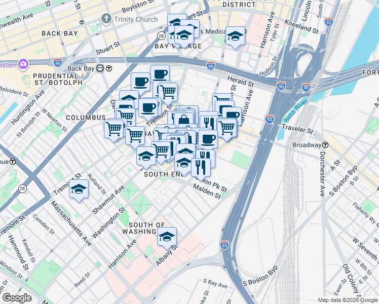 map of restaurants, bars, coffee shops, grocery stores, and more near in Boston